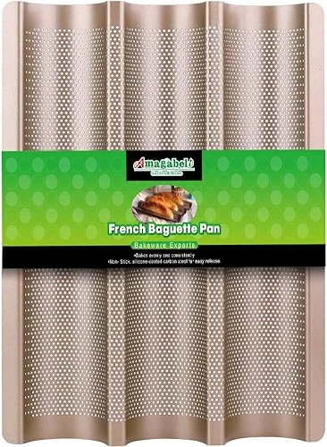 AMAGABELI GARDEN & HOME Nonstick French Baguette Pans For Baking 15’x11′ Carbon Steel 3 Loaf Perforated Bread Tray Bake Mold Toast Cooking Oven Toaster Pan Cloche Waves Bakeware Golden BG285