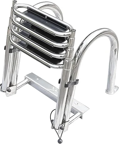 Amarine 4 Step Folding Dock Ladder with Handrails, Stainless Steel Pontoon Boat Ladder, Load Capacity-440lbs