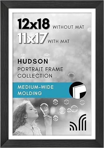 Americanflat 12×18 Poster Frame with Shatter-Resistant Glass – Use as 11×17 Frame with Mat or 12×18 Frame Without Mat – Hudson Collection – Wide Photo Frame for Wall display – Black