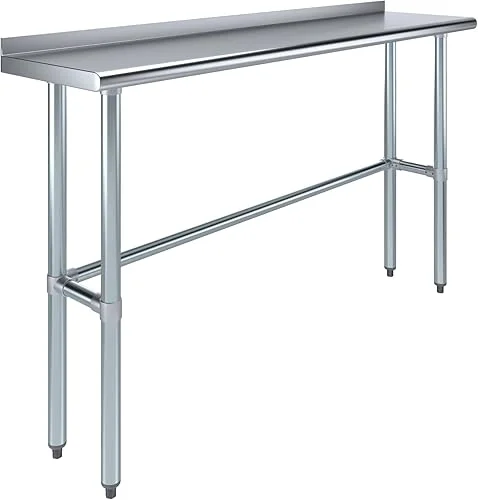 AmGood Stainless Steel Work Table Open Base with 1.5′ Backsplash | Metal Kitchen Food Prep Table | NSF (60′ Long x 14′ Deep)