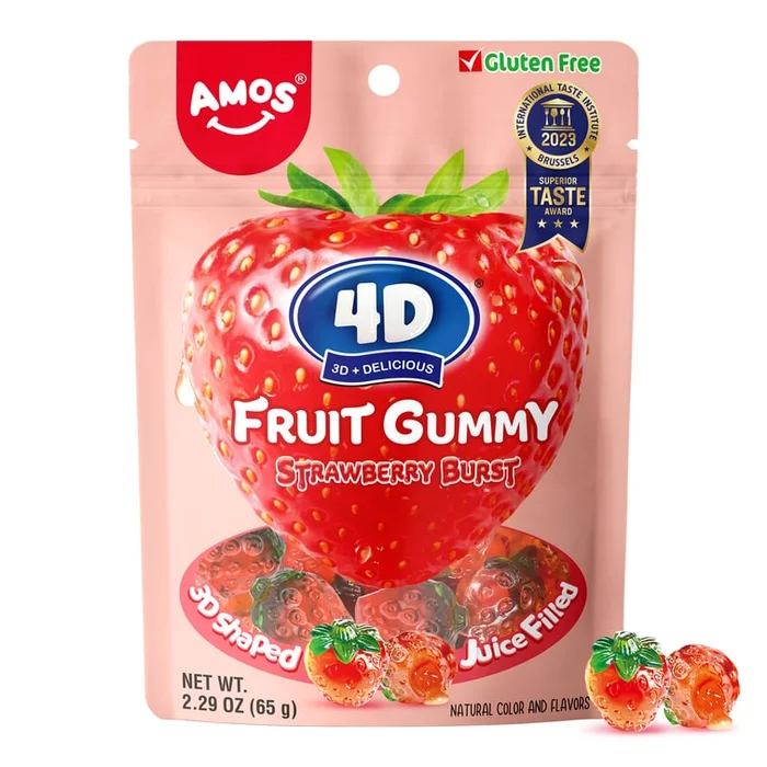 AMOS 4D Gummy Fruit Filled Candy Fruit Snacks Juicy Burst Strawberry Juice Filled Gummies 2.29Oz Per Bag (3 Bags)