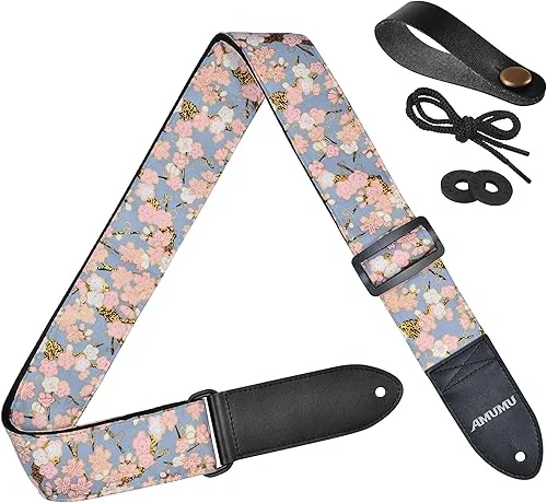 Amumu Pink Floral Guitar Strap | Exquisite Print Design for Bass, Electric, and Acoustic Guitars | Musicians' Fashionable Accessory