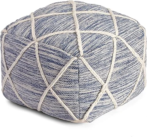 Anji Mountain 100% Handmade & Handcrafted Comfortable Home Décor Pouf Ottoman Footrest for Living Room, Bedroom, Nursery, Kidsroom, Patio Furniture – (22′ x 22′ x 16′- Ivory,Blue)