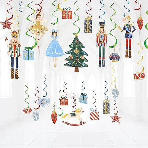 AnyDesign 48Pcs Christmas Hanging Swirl Watercolor Nutcracker Party Swirl Xmas Tree Gift Ceiling Hanging Decoration for Xmas Winter Party Hanging Ornaments Decoration