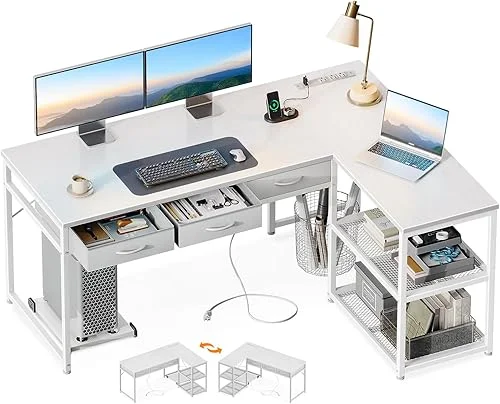 AODK 53 Inch L Shaped Computer Desk with Drawers, Corner Desk with Power Outlets & Reversible Storage Shelves, Movable CPU Stand for Home Office Gaming, White
