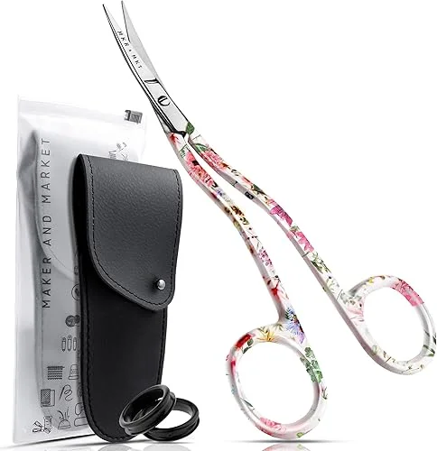 Applique Long Thin Needlepoint Blade 6.1 Inch – Double Bent Curved Offset Handle Scissors with Pouch Sleeve for Embroidery, Fabric, Thread, Knitting, Sewing, Arts & Craft (Floral)