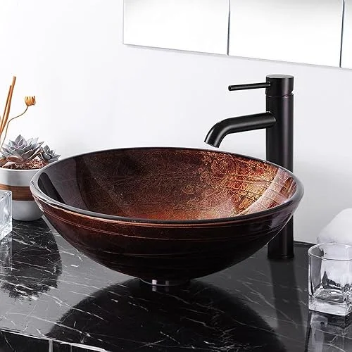 Aquaterior Tempered Glass Vessel Sink Bathroom Lavatory Round Bowl Pattern Basin(FAUCET NOT INCLUDED)