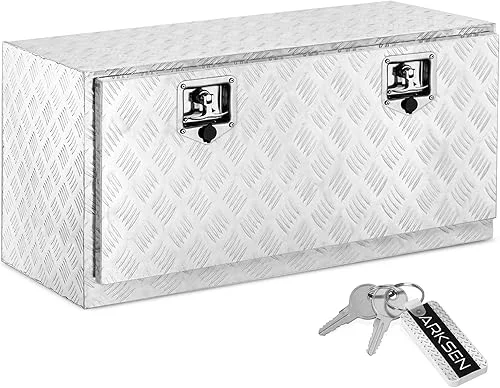 ARKSEN 36 Inch Heavy Duty Aluminum Bar Tread Tool Underbody Box, Waterproof Square Truck Storage Organizer Chest for Pick Up Truck Bed, RV Trailer with T-Handle Lock and Keys – Silver