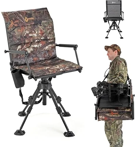 ARROWHEAD OUTDOOR Wide Folding 360° Hunting Swivel Blind Chair with Removable Camouflage Seat Pad, Armrest, No-Sink Feet, Shoulder Strap, Mesh Chair, Adjustable Height