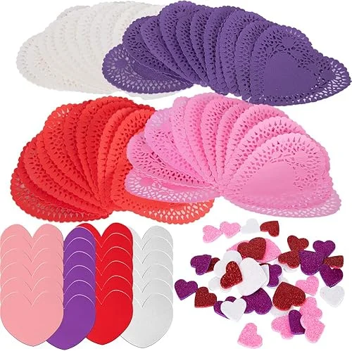 ArtCreativity 126+ Pcs Valentine's Day Heart Doilies Card Crafts for Kids – Valentine Day Crafts for Classroom Parties – Valentines Craft Supplies Kits with Heart Doilies and Glitter Foam Stickers