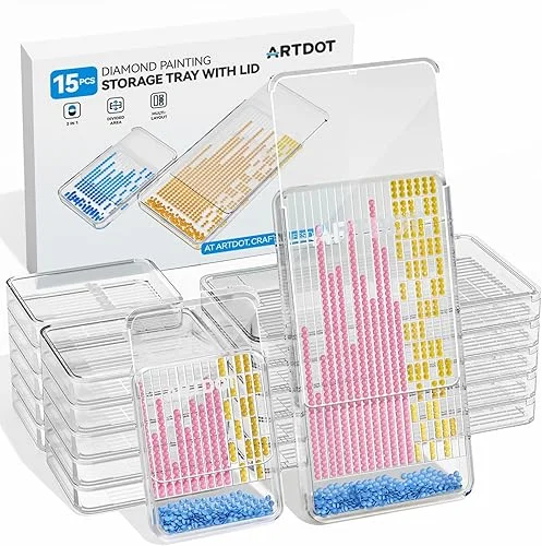 ARTDOT 15-Piece Diamond Art Storage Trays Kits for Adults with Lids, 2-in-1 Stackable Diamond Painting Accessories and Tools