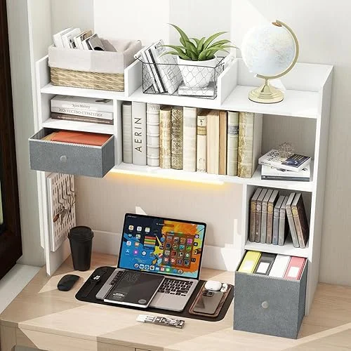 ARTETHYS Desk with Hutch White Desktop Shelf with Pegboard for Computer Desk Top Organizer Wood with Drawers and Light for Dorm Office Home