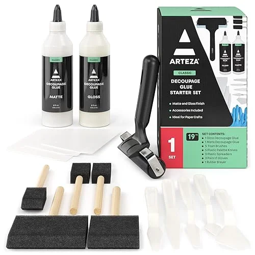 Arteza Decoupage Glue Craft Kit, 1 Gloss-Finish Glue and 1 Matte-Finish Glue, 8-oz Bottles, Foam Brushes, Plastic Spreader Tools, Gloves, Art Supplies for Paper Crafting, Scrapbooking, and Decorating