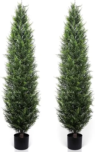 Artificial Cedar Topiary Trees 5ft Fake Cypress Trees Faux Cedar Topiary Evergreen Potted Plants Silk Pine Cypress Tree for Outdoors Front Home Decor 2 Pack