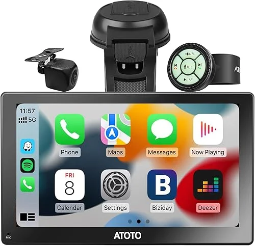 ATOTO 9 inch Wireless CarPlay Android Auto Screen, Portable Car Stereo QLED Glare-Suppressing Touchscreen, GPS Navi, MirrorLink, AUX/FM Output, 1080P Backup Camera, Remote Control, P509SD-S21