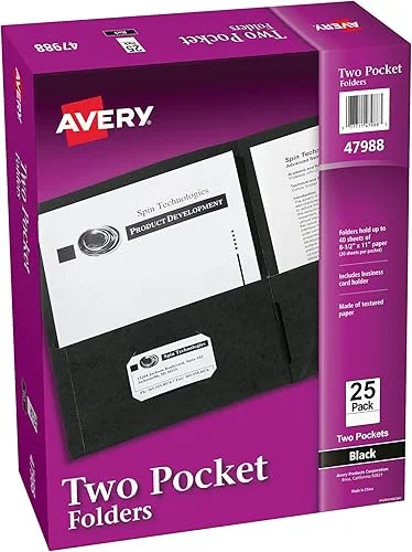 Avery Two Pocket Folders, Holds up to 40 Sheets, Business Card Slot, 25 Black Folders (47988)