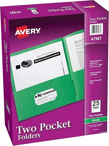 Avery Two Pocket Folders, Holds up to 40 Sheets, Business Card Slot, 25 Green Folders (47987)