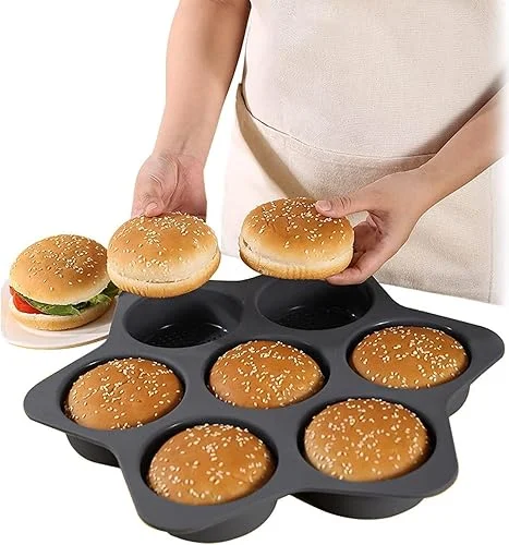 AYNEFY Silicone Hamburger Bun,7 Cavities Silicone Loaf Pan Non Stick Hamburger Bread Baking Baking Sheets Bread Bun Baking Pannon for Gluten Buns(black)