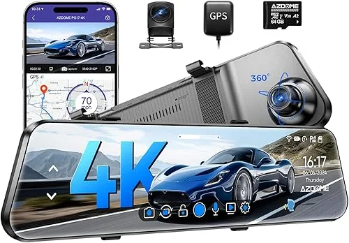AZDOME PG17 4K 12′ Mirror Dash Cam Front and Rear, WiFi Rear View Mirror Camera with 64GB Card, Waterproof 1080P Rear Camera, GPS, Voice Control, WDR Night Vision, Driving Assistant