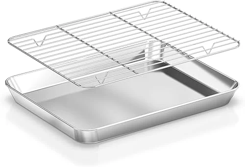 Baking Sheet with Wire Rack Set: 2PCS Stainless Steel Cookie Pan with Cooling Rack Size 12.4 x 9.6 x 1 Inch – Nonstick Heavy Duty & Dishwasher Safe Cooking Tray for Oven