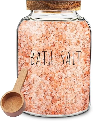 Bath Salts Glass Jar – Bath Salt Container with Wooden Lid and Scoop, for Bathroom Bath Decor Bathtub Accessories for Women – Airtight Storage (1)