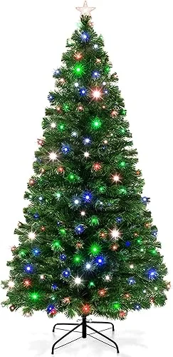 Best Choice Products 8ft Pre-Lit Fiber Optic Artificial Pine Christmas Tree, Holiday Décor Centerpiece w/ 320 Multicolored LED Lights, 8 Sequences, Foldable Stand