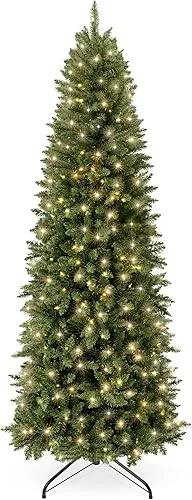 Best Choice Products Prelit Pencil Christmas Tree, 7.5ft Premium Artificial Tree, Realistic Lighted Spruce Holiday Decor w/Warm White Lights, Base