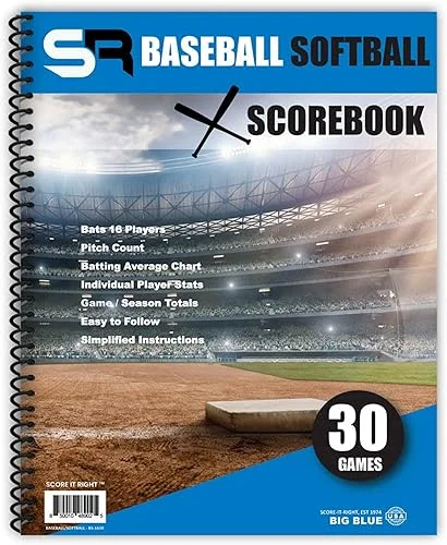 Big Blue Baseball/Softball Scorebook – Premium Score Keeping Book – 16 Player – 30 Game Scorebook with Pitch Count, Individual Player Stats, Batting Average Chart
