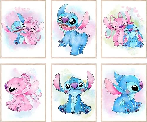 BigWig Prints Lilo and Stitch Poster – Nursery Watercolor Art Prints, Stitch Room Decor For Girls, Pastel Nursery Artwork Set, Kids Wall Art, Posters For Girls Room – Unframed Set of 6 (8×10)