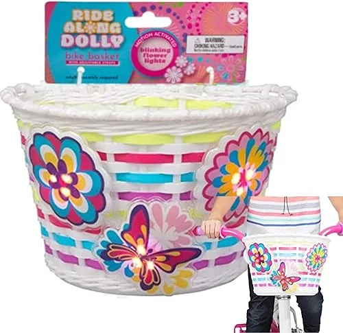 Bike Basket for Girls w Safety Lightups -Kid's Bicycle Accessories with 3 Motion Activated Blinking Flowers & Butterfly Decor-(Fits Most Bikes) for Snacks, Dolls, Bears