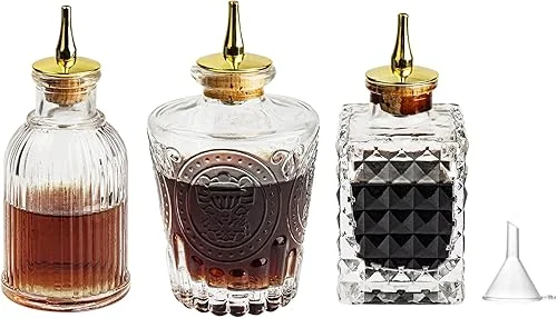 Bitters Bottle Set of 3, Glass Dasher Bottle, Decorative Professional Bar Tool for Cocktail Great for Bartender Home Bar Restaurant with Alloy Cap, Classical Styling