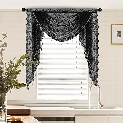 Black Lace Waterfall Window Valance with Bead Tassels Floral Embroidered Valance Curtains Semi Sheer Rod Pocket Valance/Swags for Bedroom/Living Room/Kitchen/Basement (Black,39’x41′)