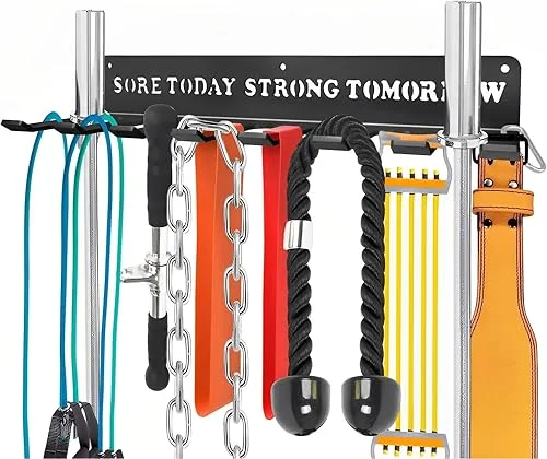 Black Rack 8 Hooks Metal Heavy-gauge Workout Rack Wall Mount Organizer Multi-Purpose Workout Gear Storage for Sports Gears Barbells Lifting Belt Fitness Band Carabiners Included With Uplifting Words