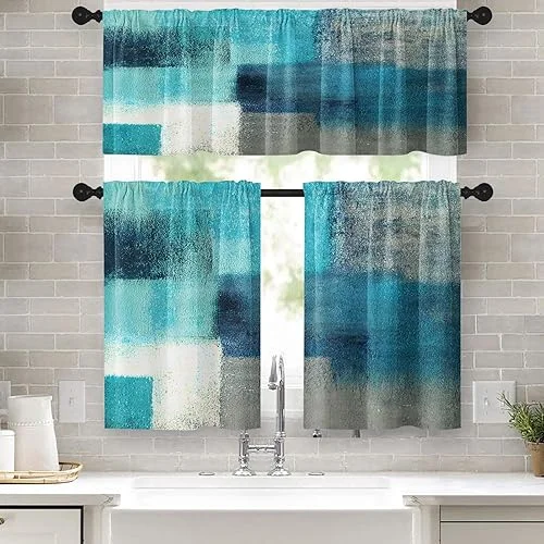 Blue Kitchen Window Curtains Valance and Tier Set 36 Inch, Grey Modern Rod Pocket Short Tier Curtain, Abstract Art Small Cafe Drapes for Kitchen Decor