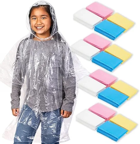 BLUE PANDA 20-Pack Disposable Rain Ponchos for Kids – Emergency Plastic Raincoats with Hood for Boys and Girls (4 Colors, Clear)