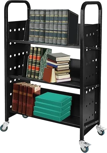 Book Cart, 200LBS 3-Shelf Library Cart, Single Sided V-Shaped Rolling Book Cart with 2 Lockable Wheels for Home Shelves Office School Book Truck, Black
