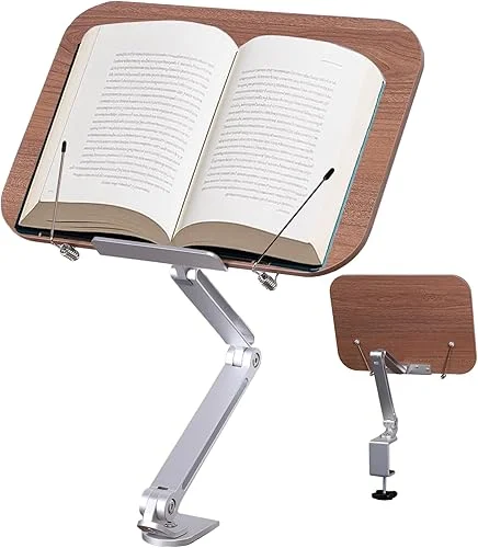 Book Stand for Reading, Wood Desk Clamp Book Holder, Cookbook Stand for Kitchen, Recipe Book Stand with Clamp, Height and Angle Adjustable, Foldable and Portable for Office, Bible, Recipe