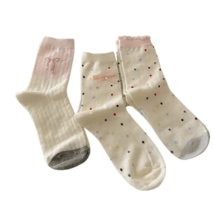 Bow tie women's mid-calf socks summer thin gentle Japanese lace stacking socks 3 pairs mixed colours