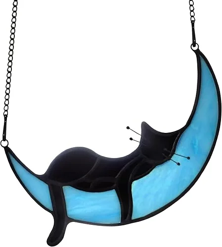 BOXCASA Black Cat on Moon Stained Glass Witchy Gifts for Women – Indoor Suncatchers for Windows Hanging,Christmas for Cat Lovers (with Suction Cups and Chains)