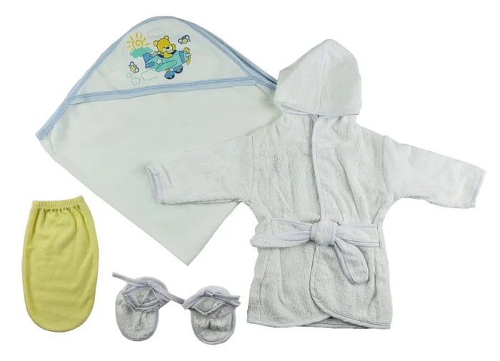 Boys Infant Robe, Hooded Towel and Washcloth Mitt – 3 pc Set