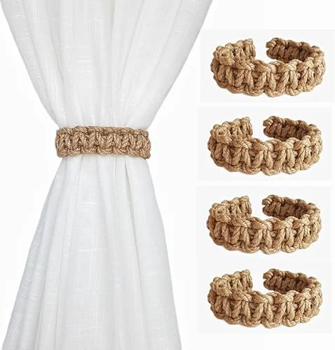 Braided Curtain Tiebacks for Drapes, Rustic Curtain holdbacks Set of 4, Handmade Curtain Ties for Sheer/Light Weight Drapes