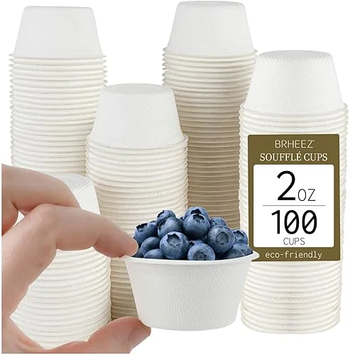 brheez 2 oz – Pack of 100 Disposable Bagasse Fiber Souffle Cups , 100% Natural Biodegradable & Compostable Perfect for Condiments Small Portion & Samples , Eco Friendly Paper Alternative – White