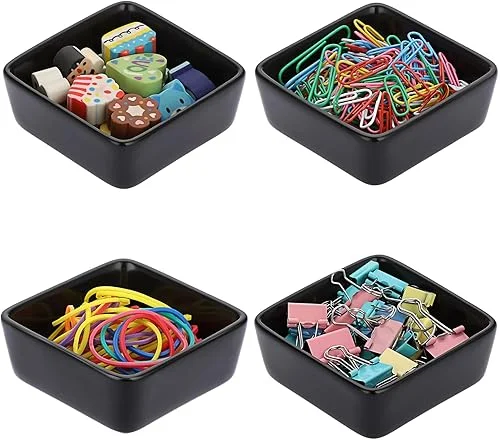 BTSKT 4 PCS Ceramic Paper Clip Holder for Desk, Square Paper Clip Dispenser Organizer Cute Binder Clip Holder Container Office Supply Accessory Organizer for Home&Office Desktop Organization, Black