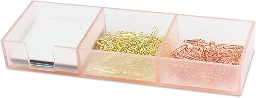 Buqoo 3 in 1 Sticky Note Holder, Acrylic Pink Self Stick Note Pad Holder, 10′ x 3.4′ x 1.4′ Post It Note Dispenser Desk Organizer Suitable for Home School Office Memo Pads Holder with 3 Compartments