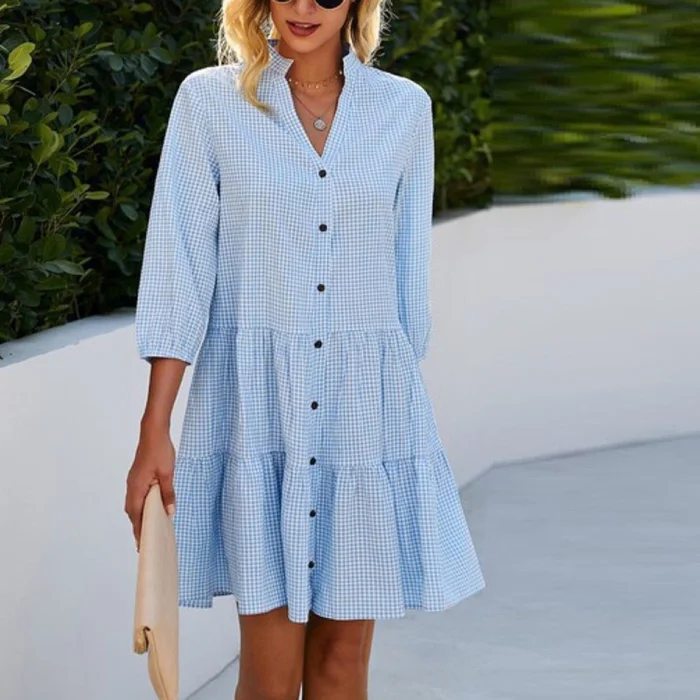 Button Front V-Neck Tiered Dress