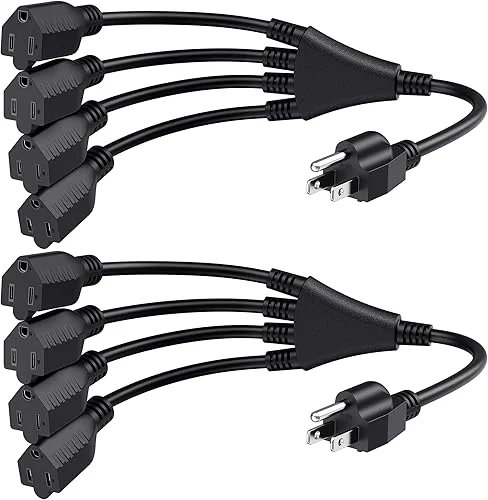 Cable Matters 2-Pack 4 Outlet Power Splitter Cord 1.5 ft, NEMA 5-15P to NEMA 5-15R Y Power Cord Splitter, 16 AWG Outlet Saver, 4 Way Extension Cord Splitter, 1.5 Feet
