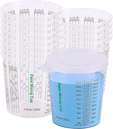 CANOPUS Paint Mixing Cups, Pack of 12 cups with 3 Lids, 22-fl oz, Solvent Resistant, Reusable Clear Plastic Cups for Paint, Epoxy, Resin, Oil, Thinner