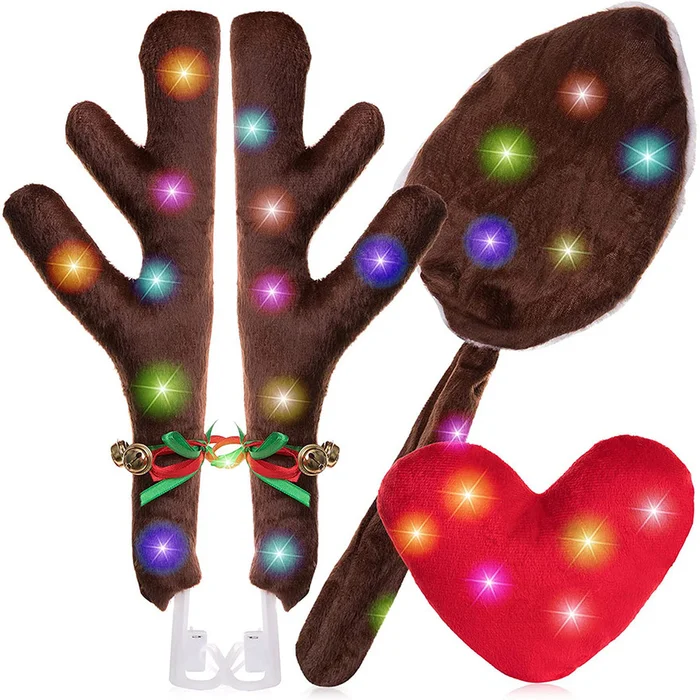 Car Reindeer Antlers, Heart Nose, and Tail with LED Lights