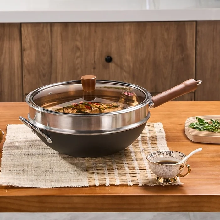 Carbon Steel Wok With Stainless Steel Steamer Carbon Steel Pan Flat Bottom No Chemical Coated For All Stoves 32cm