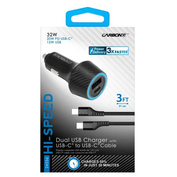 CarbonXT 20W PD Dual Charger with 3′ USB-C to USB-C Cable